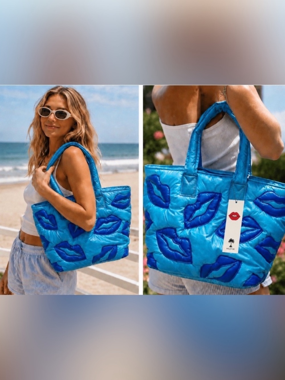 Wildfox Blue Quilted Tote with Royal Blue Lip Appliqués